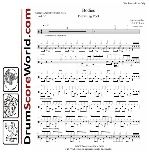 Drowning Pool - Bodies - Drum Sheet + Play-Along Track